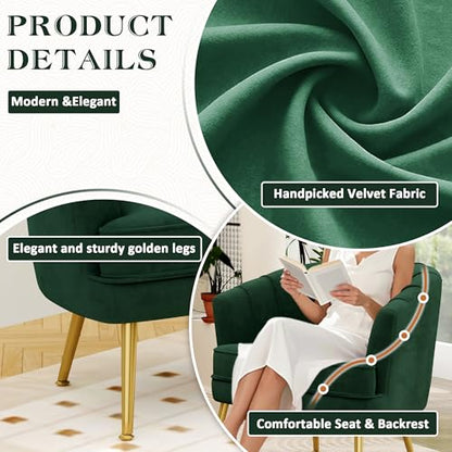 Velvet Accent Chair, Barrel Armchair, Green | Velvet Upholstery, Golden Metal Legs, Comfy Barrel Back, Modern Style, Living Room Bedroom Office - color: Green, size: 1 Chair