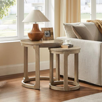 24" Round Nesting Coffee Table Set of 2, Solid Wood Coffee Tables Mid Century Rustic Farmhouse Side End Tea Table for Living Room, Apartment (Light Brown) - color: 24" Light Brown