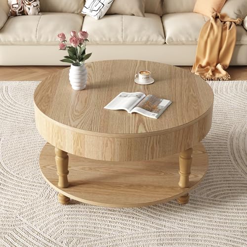 31.5" Round Coffee Table with Storage, 2 Tier Modern Center Table, Adjustable Leveling Feet, Easy Assembly, Wood Coffee Table for Living Room, Apartment, Small Space. (Natural Wood) - color: Natural-n