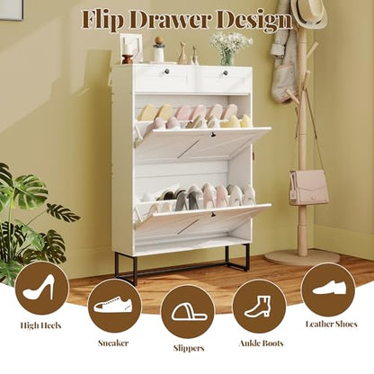 Shoe Cabinet with 2 Flip Drawers Freestanding Shoe Organizer with 2 Fabric Drawers Farmhouse Flip Shoe Storage Cabinet Narrow Shoe Rack Cabinet for Entryway, Hallway, Living Room, White
