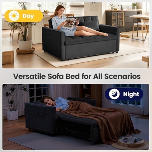 Sleeper Sofa Bed with Adjustable Backrest & Side Pockets, Black | Adjustable Backrest & Side Pockets,Pull Out Sofa,Comfortable Fabric - color: S-black-mos