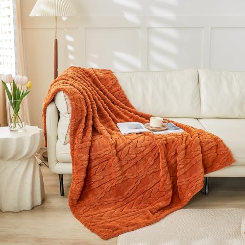 YUSOKI Sherpa Fleece Large Throw Blanket, Burnt Orange, 50"x65" | 3D Stylish Design,320GSM, Non-Shedding, Lightweight for All Season Use, stays fluffy after repeated washes, Perfect Gifts - color: Burnt Orange, size: Throw (50" x 65")