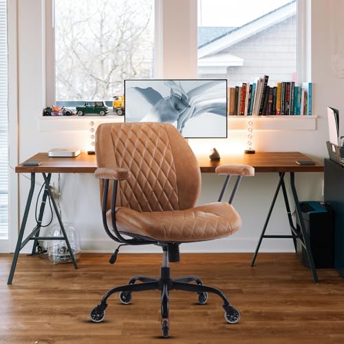 YFO Home Office Desk Chair Office Rubber Casters Ergonomic Computer Chair with Lumbar Support Adjustable Height Rolling Swivel Executive Task Armrests Chair， Brown Leather - color: Brown, size: Mid Back