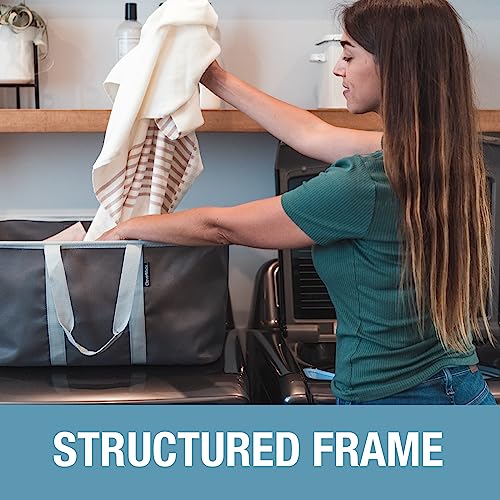 CleverMade Collapsible Laundry Tote, 50L Carry-All Tote, 2 Pack, Charcoal | Carry a Full Load with One Hand | Long Center Handles Balance 55 lb, While the Steel Rim Holds Shape and Folds Flat - color: Charcoal Gray