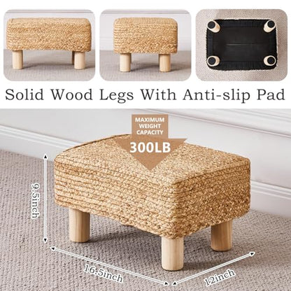 Wimarsbon Natural Seagrass Footstool Ottoman Rectangular Footrest Pouf Ottomans with Wooden Legs Hand Weave Step Stool for Living Room Bedroom Entryway Natural - color: Natural, size: 12"D x 16.5"W x 9.5"H