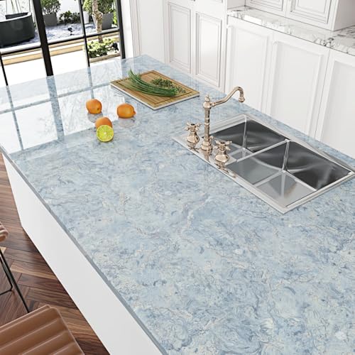 Wallercity Glossy Abstract Cream Blue Marble Contact Paper for Countertops Thick Waterproof Shiny Marble Wallpaper for Kitchen Backsplash 15.8''x236'' Self Adhesive Countertop Vinyl Wrap for Table Top - color: Blue, size: 15.8" x 236"