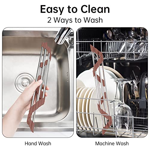 Tomorotec Triangle Roll-Up Dish Drying Rack for Sink Corner Small Foldable Stainless Steel Over The Sink Multipurpose Kitchen Drainer Caddy Trivet Rustproof Storage Shelf (Chocolate Brown) | BPA-Free Food-Grade Silicone Edges Foldable Waterproof Rustproof