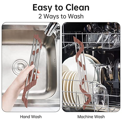 Tomorotec Triangle Roll-Up Dish Drying Rack for Sink Corner Small Foldable Stainless Steel Over The Sink Multipurpose Kitchen Drainer Caddy Trivet Rustproof Storage Shelf (Chocolate Brown) | BPA-Free Food-Grade Silicone Edges Foldable Waterproof Rustproof