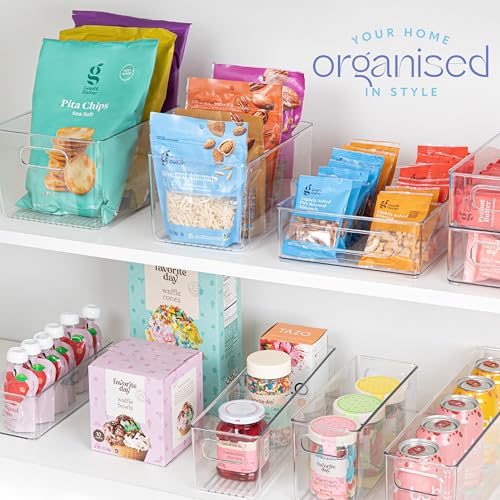 Plastic Food Storage 4 Pack Clear Container Bin with Handles for Organizing Kitchen, Pantry, Refrigerator, Freezer, Pantry, Cabinet, Closet, Bathroom. 14”x4”x4” - size: 14x4x4