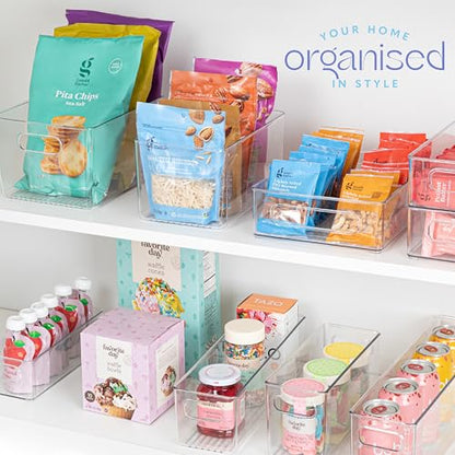 Plastic Food Storage 4 Pack Clear Container Bin with Handles for Organizing Kitchen, Pantry, Refrigerator, Freezer, Pantry, Cabinet, Closet, Bathroom. 14”x4”x4” - size: 14x4x4