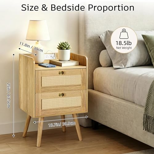 Rattan Nightstands Set of 2, Boho Bedside Table with 2 Drawers | Rattan Nightstand with Charging Station, Open Storage End Tables for Bedroom, Small Spaces and Dorm, Solid Wood Legs, Natural - color: Natural Wood
