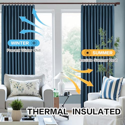 Denim Blue Blackout Pinch Pleated Curtains 102 Inches Long 1 Panel Lightweight Thermal Insulated Faux Linen Curtains with Hooks Room Darkening for Living Room 60W x 102L Inch - color: Denim Blue, size: 60"W x 102"L (Pack of 1)