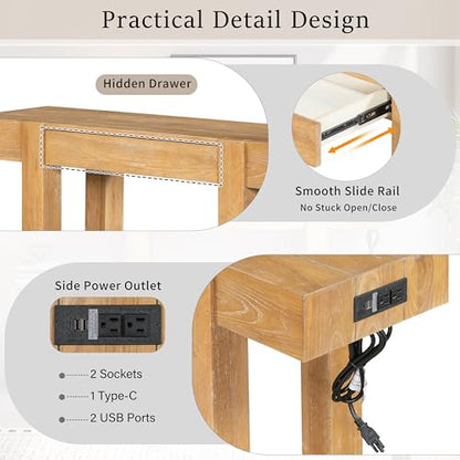 Rustic Console Table with Hidden Drawer, Wooden Sofa Table Behind Couch | Side Power Outlet,for Entryways, Living Room, Foyer, Natural - color: Nautral
