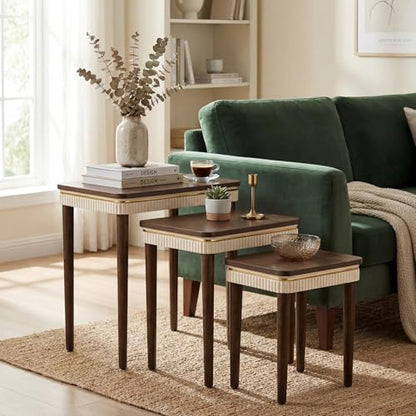 Hyfirm Walnut Side Table End Table Nesting Tables Set of 3, Retro Nesting Tables with Veneered Top & Gold Trim, Mid Century Modern Nesting Wood Coffee Tables for Living Room/Bedroom/Apartment - color: Walnut Top+ivory Apron