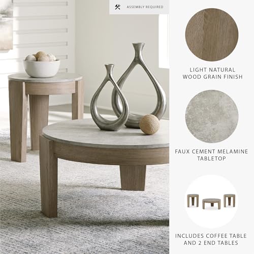 Signature Design by Ashley Coffee Table Set of 3, Round, with End Tables | 3-piece coffee and end table sets with faux cement tops and wood grain finish frames, Casual style, Guystone Series