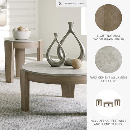 Signature Design by Ashley Coffee Table Set of 3, Round, with End Tables | 3-piece coffee and end table sets with faux cement tops and wood grain finish frames, Casual style, Guystone Series