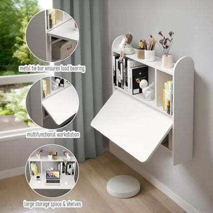 Wall Mounted Drop-Leaf Table, Floating Laptop Desk, Folding Table with Shelves, Multifunctional Computer Workstation with Storage Compartments in Home Office for Space Saving (White) - color: White