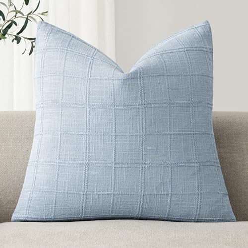 Foindtower Set of 1 Decorative Linen Check Throw Pillow Cover Neutral Farmhouse Vintage Cushion Cover Modern Boho Accent Home Decor for Sofa Chair Couch Bedroom Living Room,16×16 Inch,Sky Blue - color: Sky, size: 16" x 16" (Pack of 1)