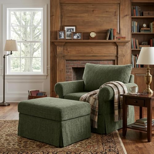 Eafurn Modern Chenille Accent Chair with Ottoman for Small Space, Comfy Upholstered Reading Chairs Lounge Armchair with Foot Rest, Sturdy Solid Wood Frame for Living Room - color: Green 37.5"