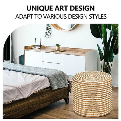 Wimarsbon 18'' Ottoman Pouf, Natural Braided Poof, Rustic Handweave Lounge Pouffe, Boho Footrest Stool for Bedroom, Accent Table or Seat for Living Room (Natural Water Hyacinth + White Cotton Rope) - color: 18inch Natural Water Hyacinth + White Cotton Rop