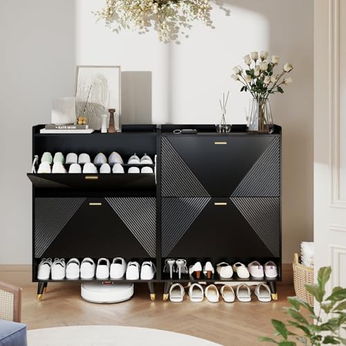 Black Shoe Cabinet for Entryway: 32" Shoe Cabinet with 2 Flip Drawers | Ultra Thin Shoe Cabinet Storage for Entryway, Fluted Shoes Rack Hidden, Modern Slim Shoe Organizer Cabinet for Hallway - size: 2 drawers