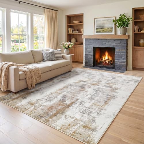 famibay 5x8 Area Rug, Abstract Washable Rugs for Living Room Low Pile Neutral Area Rug for Bedroom Aesthetic Non Slip Rubber Backed Carpet Rugs for Living Room Bedroom Dining Room(Beige/Camel) - color: Beige and Camel, size: 5 x 8 Feet