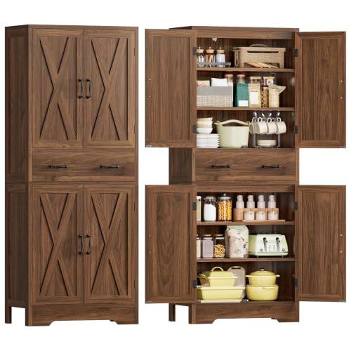 Tall Storage Cabinet with 2 Adjustable Shelves & 1 Large Drawer, Kitchen Pantry Cabinet with 4 Doors, Bathroom Storage Cabinets, for Living Room, Kitchen, Bathroom, Walnut - color: Walnut,1 Drawer