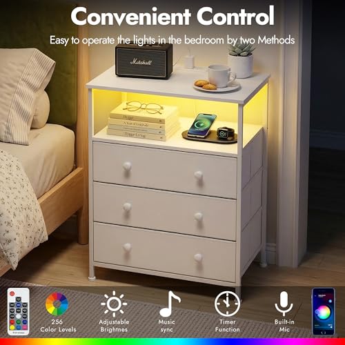 3-Drawer LED Nightstand with Charging Station, White | Engineered Wood and Steel, 2 AC and 2 USB ports, 24 Inch Wide, RGB App Control, Fabric Drawers, Open Storage Shelf - color: White