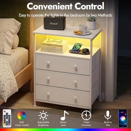 3-Drawer LED Nightstand with Charging Station, White | Engineered Wood and Steel, 2 AC and 2 USB ports, 24 Inch Wide, RGB App Control, Fabric Drawers, Open Storage Shelf - color: White