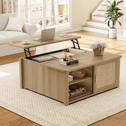 SEDETA 31.5" Lift Top Coffee Table with Storage, Square Coffee Tables for Living Room, Farmhouse Coffee Table with Large Hidden Storage Compartment and Adjustable Shelves, Rattan Oak - color: Rattan Oak