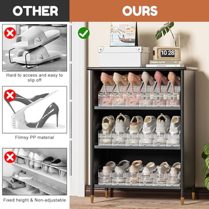 Shoe Stacker, Shoe Slot Organizer for Closet, Shoe Storage Rack | 12 Pack, Clear, 50% Space Saver, 3 Adjustable Height, Tool-Free Assembly, 30% Thicker, Superior Load Bearing - size: 12 Pack