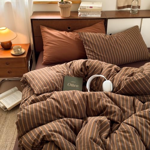 Brown Striped Duvet Cover Twin Size Retro Stripes Bedding Set Vintage Vertical Stripe Soft Lightweight Microfiber Comforter Cover Set with Zipper Closure and 1 Pillowcase - color: Brown, size: Twin (1 Duvet Cover + 1 Pillowcase)
