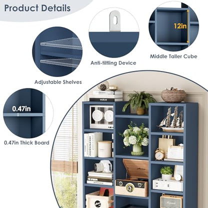 FOTOSOK 71'' H Bookshelf with 21 Cubes, Triple Wide Tall Bookshelf Blue | 8 Tier Bookcase with 8 Adjustable Shelves, Large Bookshelf DVD/CD Media Tower Storage, Freestanding Display Shelf Cabinet - color: Blue