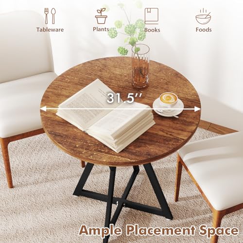 Small Dining Table, 31.5" Round Kitchen Table for 2 with X-Shaped Metal Pedestal Base, Wooden Dining Room Table for Small Spaces, Cafe, Apartment, Living Room, Office (Rustic Brown+Black)