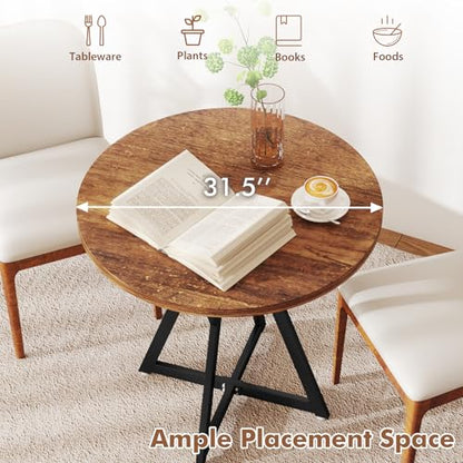 Small Dining Table, 31.5" Round Kitchen Table for 2 with X-Shaped Metal Pedestal Base, Wooden Dining Room Table for Small Spaces, Cafe, Apartment, Living Room, Office (Rustic Brown+Black)