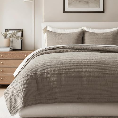 EVERGRACEHOME 100% Cotton Modern Lines Quilt Set Queen Size, Stone Taupe | Pre-Washed Soft Cotton, Striped Coverlet Bedspread, 3 Piece Lightweight Bedding Set for All Season, with 2 Pillow Shams - color: Stone Taupe, size: Full/Queen (92" X 92")