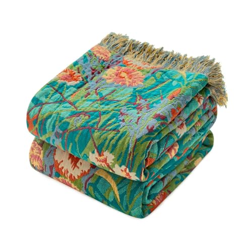 Boho Throw Blanket - 100% Cotton Soft Rustic Quilt 90"x90" Summer | Floral Jacquard Queen Size Bed Blanket, Lightweight Breathable Muslin Bedroom Decor, Reversible 4-Layer Cozy Sofa Couch Cover - color: 21-velvet Floral, size: (90"x90")Queen