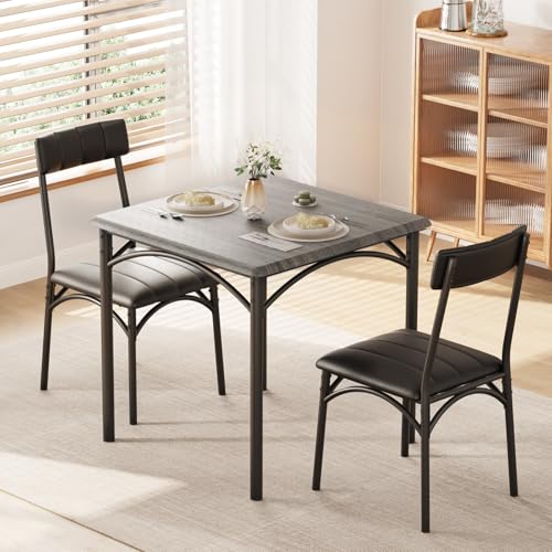 GarveeLife 3-Piece Dining Table Set for 2, Square Kitchen Table & Chairs | Upholstered, Space-Saving Square Kitchen Table Set, Compact Dining Room Furniture for Apartment, Studio - color: Grey