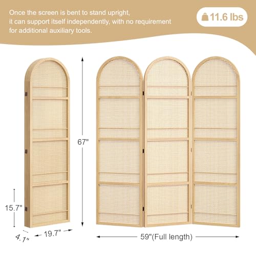 Rattan Room Divider with Bookshelf,Foldable Privacy Screen Partition,Wooden Frame,Natural Portable for Living Room,Bedroom Home,Office Reading Nook (Natural, 3 Panels) - color: Natural