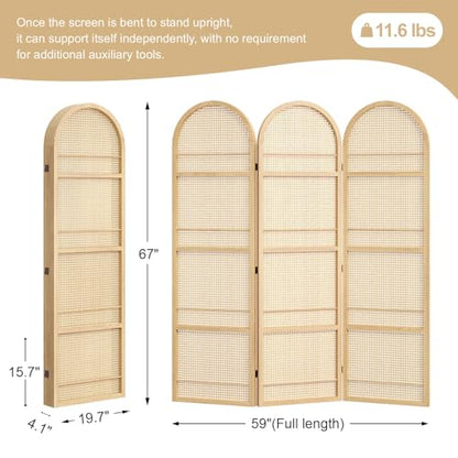 Rattan Room Divider with Bookshelf,Foldable Privacy Screen Partition,Wooden Frame,Natural Portable for Living Room,Bedroom Home,Office Reading Nook (Natural, 3 Panels) - color: Natural