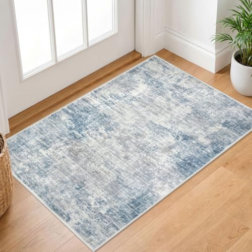 Small Abstract Area Rug 2x3 Ft Entryway Rugs Washable Door Mat Indoor Entrance, Rubber Backed Throw Rugs, Printed Non Slip Floor Carpet for Foyer Front Door Sink, Light Blue Grey - color: Light Blue/Grey/White, size: 2' x 3' (Rectangular)