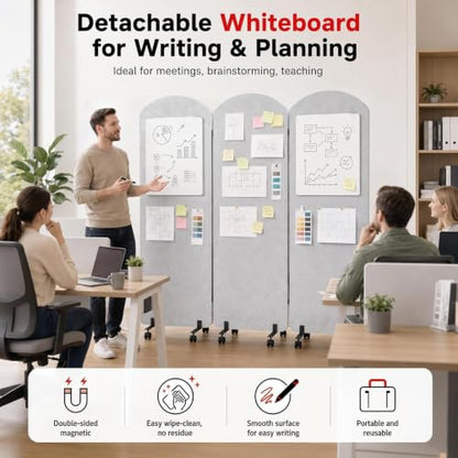 3-Panel Office wall Divider W/Wheels, 72 x 66 in Portable Partition wall | Office Dividers for Sound Proofing & Reducing, Freestandings Privacy Cubicle Temporary Wall with Whiteboards, pen, thumbtacks - color: Light Gray