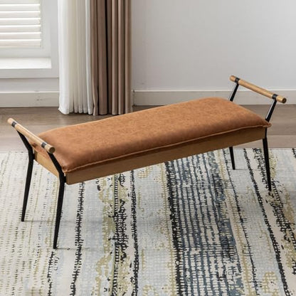 DUOMAY Modern PU Ottoman Bench with Arms & Metal Legs, Brown | Mid Century Rectangle Bench Footstool Dining Bench Entryway Shoe Bench For Bedroom Living Room - color: Brown