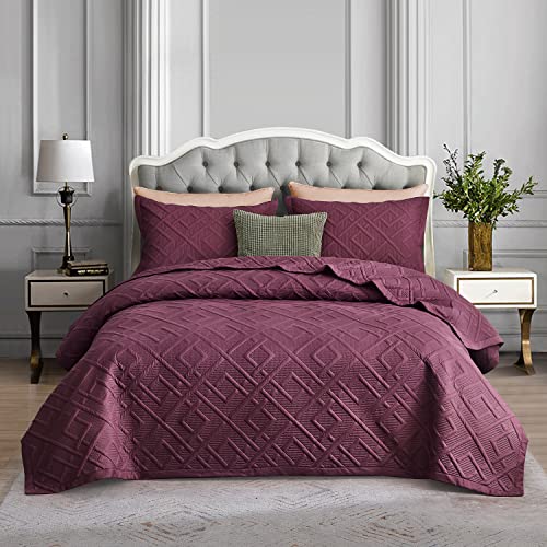 CHIXIN Quilt Queen Size - Geometric Pattern Bedspread Coverlet Set - Modern & Contemporary Style Bedding Cover, Ultrasonic Quilting, Reversible, Lightweight, 4 Piece, Burgundy & Wisteria - color: 1- Wisteria, size: Full/Queen(90"x92")