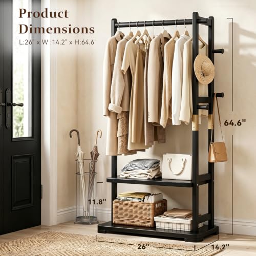 Solid Wood Clothes Rack with 2 Shelves & 4 Hooks for Hanging Clothes Garment Wallets Hats, Black Clothing Rack Heavy Duty Coat Rack Freestanding with Storage Hall Tree for Hallway Bedroom Living Room | Hallway bedroom living room, durable wood constructio