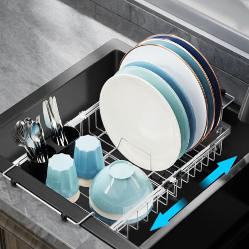 Dish Drying Rack Over the Sink - Expandable Stainless Steel Drainer | Twist-Lock Adjustment, Removable Utensil Holder, Handles with Non-Slip Beads, Rust-Resistant, Space-Saving for Kitchen - color: Silver, size: 12.8"W | Fits Inner Sink 10.8"-19.4"L