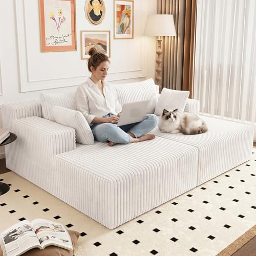 70.8" Oversized Boneless Double Chaise Lounge Chair Indoor, Upholstered Corduroy Cloud Chaise Lounges with 4 Pillows, Modern Deep Seat Loveseat Sleeper Sofa for Living Room Bedroom Apartment, Beige - color: 70.8" Beige