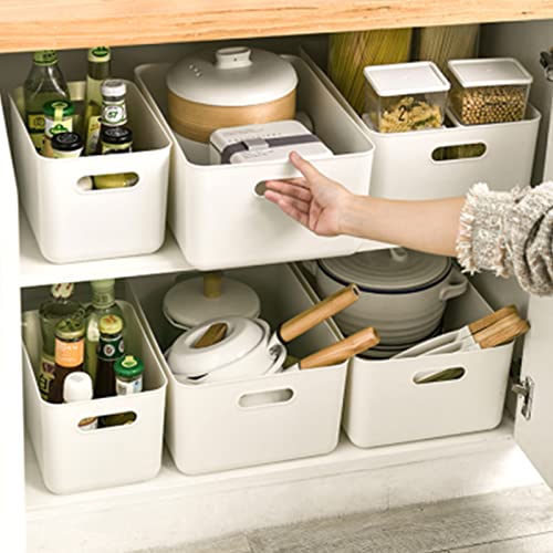 Lawei 4 Pack Plastic Storage Bins with Lid, White Stackable Storage Basket Organizer Box, Sturdy Containers Organizing Lidded Bins for Shelves, Cabinet, Desk, Pantry, Bedroom, Book, Toys