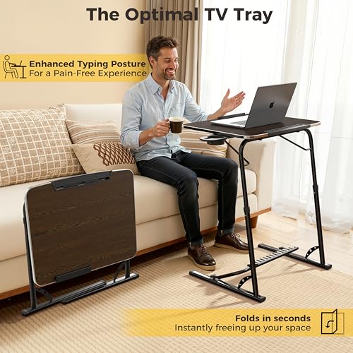 Upgraded Folding TV Tray Table, Sturdy Couch & Dinner Laptop Table | Adjustable Height & Angle Portable Desk for Eating, Work & Recliner; Includes Footrest, Cup Holder, iPad Holder, Edge Stopper - color: (Black) - Dark Wood Mahogany
