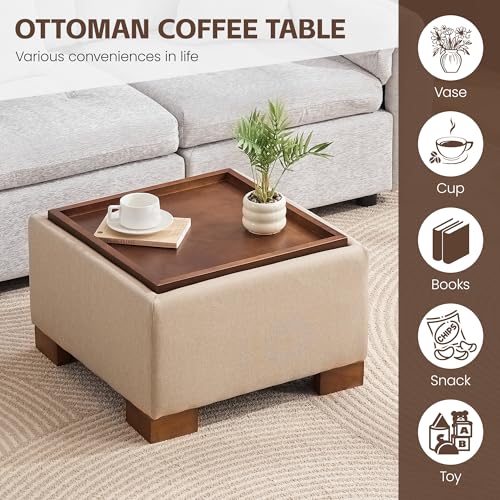 WUTUTUEE 24" Square Ottoman Coffee Table with Storage, Fabric Ottomans with Tray and Solid Wood Legs for Living Room, Bedroom and Apartments, Small Modern Ottoman Tea Table with Lift-Off Lid, Khaki - color: 24'' Khaki Fabric